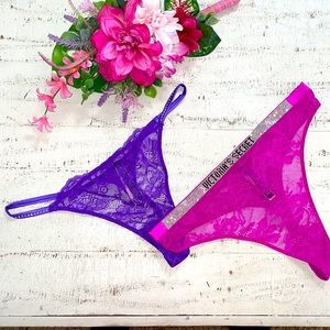 Victoria’s Secret Pink Purple Bundle Lace Shine Strap Thong Bu…